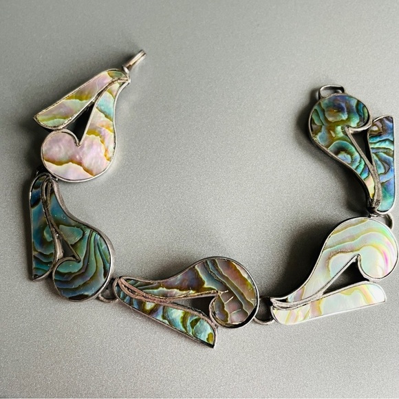Vintage Mexican 1940s Sterling Silver Abalone Inlay Link Bracelet Antique - Picture 4 of 10